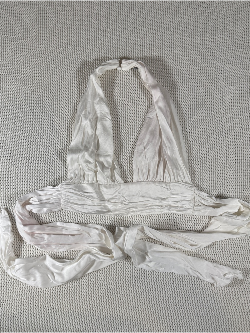 Zara White Satin Halter Top – Ruched Tie Back – Size M